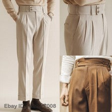 Hombres Gurkha Estilo Británico Cintura Alta Recto Informal Pantalones Traje de Negocios Pantalones