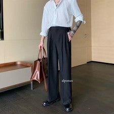 Nuevo Hombres Trajes Pantalones Pierna Ancha Negro Plisado Suelto Verano Moda Elegante Pantalones