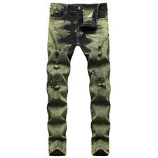 Pantalones de mezclilla de moda para hombre elásticos rasgados calce ajustado desgastados talla regular pantalones de me
