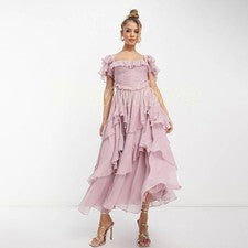 Vestido de fiesta de noche acampanado largo en capas punta abierta cuello cuadrado de moda para mujer