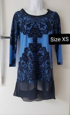 Nuevo mini vestido de moda para mujer manga larga cuello redondo azul/negro talla XS