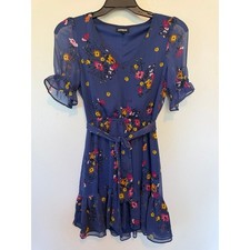 Express Azul Marino Floral Mujer Vestido Cinturón Fluido Verano Elegante Oficina Preppy Chic