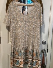 Vestido Mujer Beige Azul Floral Volantes Corte Hasta la Rodilla Talla XXL Bohemio