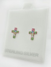 PENDIENTES CRUZ LABORATORIO PIEDRA MULTICOLOR PLATA DE LEY .925-NUEVO CON ETIQUETAS