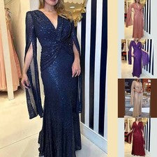 Maxivestido mujer lentejuelas cuello en V profundo manga larga estilo elegante para P