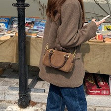 Bolso Bandolera Boston Imitación Gamuza Cremallera Estilo Coreano Bolso de Mano para Mujer