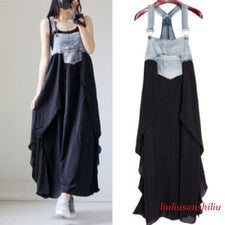 Moda Para Mujer Verano Informal Denim Empalme Gasa Maxi Vestido Largo M~3XL