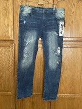 WT02 Para hombres Limpio Lavado Moda Elástico Rasgado Ajustado, Medio Azul Arena 40x34