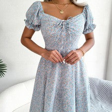 Vestido mujer cuello cuadrado estampado floral borla con volantes brazo corto línea A traje de baño