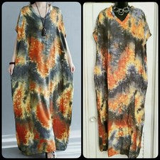 Vestido para mujer bohemio de algodón estampado tie dye manga corta con bolsillos. SL