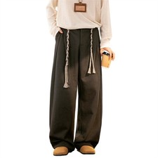 Pantalones rectos sueltos con textura de lana para hombre, estilo étnico cinturón decoración pantalones largos
