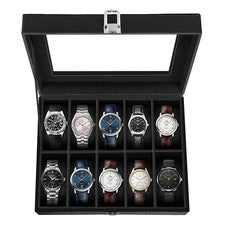 Caja de reloj de cuero PU con tapa de vidrio de 10 ranuras, estuche de almacenamiento organizador de exhibición de joyas