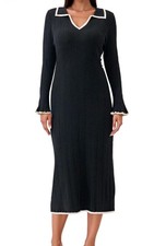 Nuevo con etiquetas Vestido PrettyGarden Midi Acanalado Negro Mangas Campana Cuello Mujer Talla:M