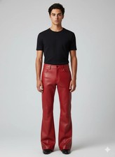 Pantalón de cuero rojo oscuro de piel de cordero para hombre puro genuino motociclista elegante ajuste informal