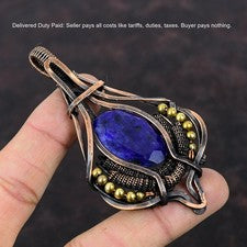 Venta de Halloween Facetado Azul Zafiro Piedra Alambre Envuelto Colgante Joyería Cobre