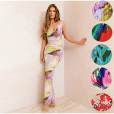 Vestido Para Mujer Verano Moda Estampado Manchado Plisado Ajustado Halter Vestido