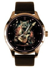 COOL GUITARIST CAT GUITAR ROCK ART SOLID BRASS MUSICIAN'S COLLECTIBLE GIFT WATCH