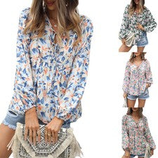 Primavera y Otoño Mujer Moda Suelta Informal Estampado Con Cordones Camisa Manga Larga