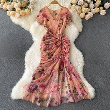 Vestido midi de gasa para mujer con volantes cola de pescado flores escote en V abertura lateral
