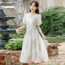 Vestido estilo chino para mujer línea A manga corta verano informal midi vestido moda