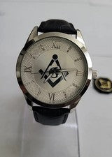 Reloj Masónico para Hombre, Esfera Plateada Elegante Correa de Cuero Negro Nuevo W2667