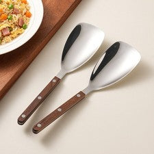 Juego de 2 cucharas para verduras 304 acero inoxidable diseño esquinero mango de madera