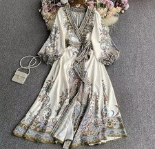 Vestido largo de pasarela de moda de diseñador para mujer cuello en V manga abullonada s-xxl