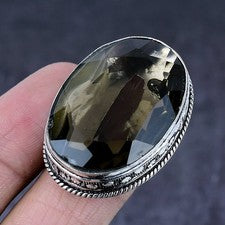 Anillo de joyería de plata de acero 925 con piedras preciosas de cuarzo ahumado talla 6,5 regalo para ella C690