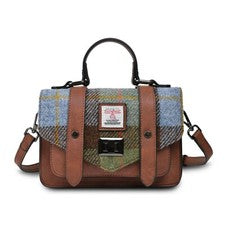 Bolso grande Harris Tweed azul castaño tartán cremallera bolsillo correa para...
