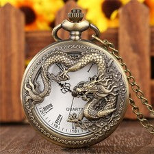 Reloj Bolsillo Dragón Tono Bronce Estuche Grabado Dragón 3D Esfera Romana Blanca Regalo