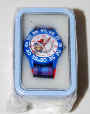 Nuevo Reloj Analógico Mono Azul Niño Globo Rojo con Banda a Cuadros en Caja de Exhibición