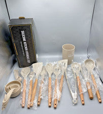 Utensilios de cocina antiadherentes silicona caqui con asas de madera NUEVO