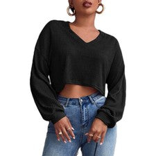 Camiseta corta de manga larga con cuello en V tejida de color liso informal de moda para mujer