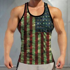 ⭐⭐Hombres Camiseta Sin Mangas Camuflaje Verde Bandera Americana Gráfico Gimnasio