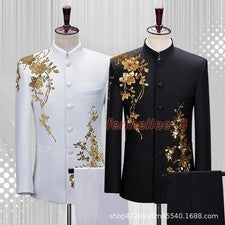 Traje de hombre con cuello alto chaqueta negra estilo chino abrigo de un solo pecho pantalones