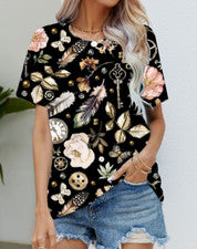 Blusa Camiseta Mujer Negro Pluma Flores Hoja Moda Manga Corta Camiseta Sedosa
