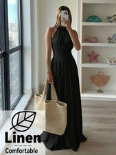 Elegante Vestido de Verano Mujer Negro Cuello Plisado