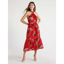 Vestido halter Sofia Jeans para mujer talla L rojo junta tórica hasta la mitad de la pantorrilla --W8--