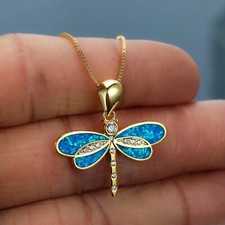 Collar Colgante Oro Libélula Ópalo Azul Cristal - Hermosa Naturaleza, Elegante