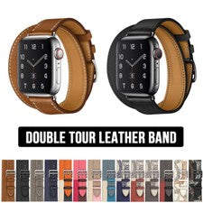 Correa de cuero doble círculo 44/41/45/42/46 mm para Apple Watch 11 10 9 8 7 6 5 SE