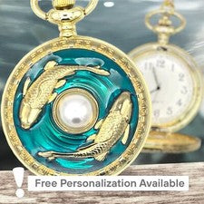 Reloj Colgante Koi Dorado - Collar de Bolsillo con Acento de Perlas Esmaltadas, Regalo Naturaleza Zen