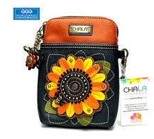 BOLSO BANDOLERA BOLSO CHALA AZUL MARINO GIRASOL JARDÍN FLOR CELULAR