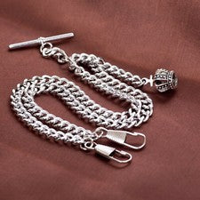Nuevo Reloj Bolsillo Doble Albert Color Plata Cadena Con Corona Colgante