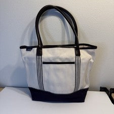 Bolso de Mano Lands' End Barco Lona Natural Marrón Cuero Correas Base Azul Marino y Rayas
