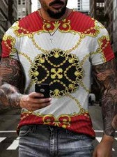 Camiseta Cadena de oro Moda Novedad Rojo Blanco Fiesta de lujo Casual Hombre Tee