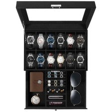 Caja de reloj premium de 12 ranuras de cuero PU con cerradura vitrina de almacenamiento de joyas