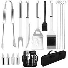 Accesorios para barbacoa, juego de utensilios de acero inoxidable de 15 piezas con almacenamiento plateado