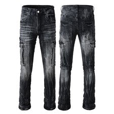 Nuevos Pantalones Pop Para Hombre Ropa de Trabajo Estilo Informal Bolsillo Lateral Hip Hop Negros Jeans 9314