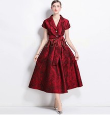 Mujer Moda Jacquard Solapa Mangas Cortas Pajarita Cinturón Acampanado Vestido de Noche 521