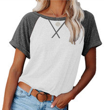 Camiseta Mujer Blusa Moda Raglán Manga Corta Blanco Gris Color Bloque Informal